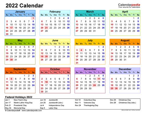 2022 Excel Calendar With Holidays
